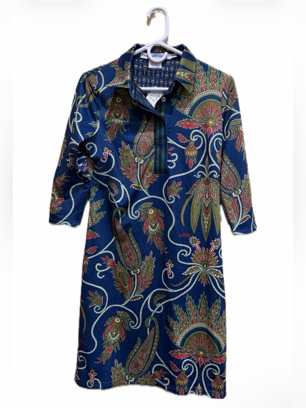 NWT Gretchen Scott Everywhere Dress Plume Navy Paisley Shift S